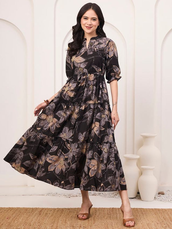 Floral Printed Pure Cotton Fit & Flare Ethnic Dress – Black