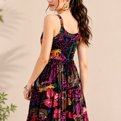 Black Floral Printed Round Neck Dress