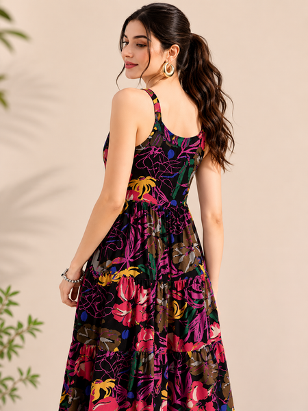 Black Floral Printed Round Neck Dress