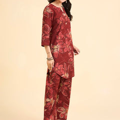 Floral Printed Pure Cotton Co-Ord Set with Palazzo – Red