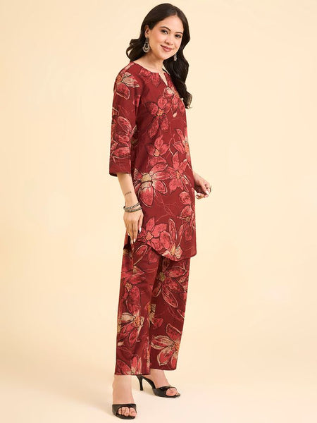 Floral Printed Pure Cotton Co-Ord Set with Palazzo – Red