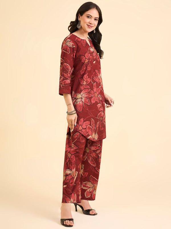 Floral Printed Pure Cotton Co-Ord Set with Palazzo – Red
