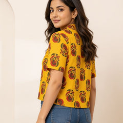 Floral Printed Cotton Shirt Style Crop Top