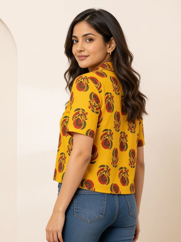 Floral Printed Cotton Shirt Style Crop Top