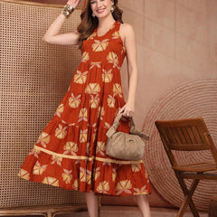 Geometric Printed Pure Cotton A-Line Ethnic Dress - Rust