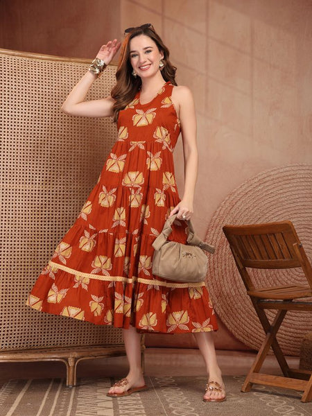 Geometric Printed Pure Cotton A-Line Ethnic Dress - Rust