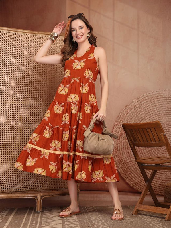 Geometric Printed Pure Cotton A-Line Ethnic Dress - Rust