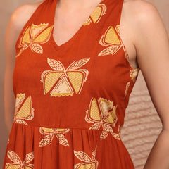 Geometric Printed Pure Cotton A-Line Ethnic Dress - Rust