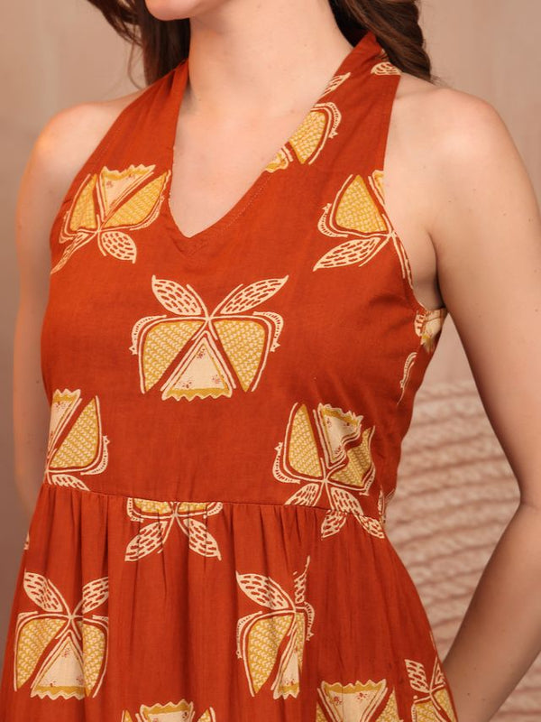 Geometric Printed Pure Cotton A-Line Ethnic Dress - Rust