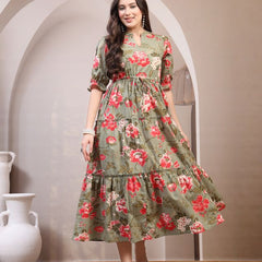 Floral Printed Pure Cotton Mandarin Collar Fit and Flare Dress