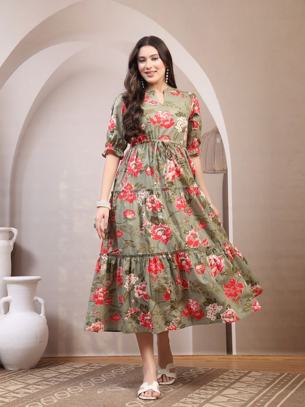 Floral Printed Pure Cotton Mandarin Collar Fit and Flare Dress
