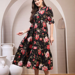 Floral Printed Pure Cotton Mandarin Collar Fit and Flare Dress