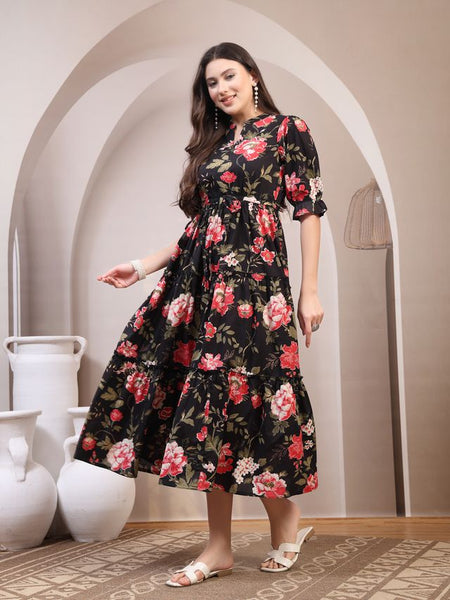 Floral Printed Pure Cotton Mandarin Collar Fit and Flare Dress