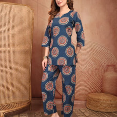 Geometric Printed Pure Cotton Co-Ord Set - Blue