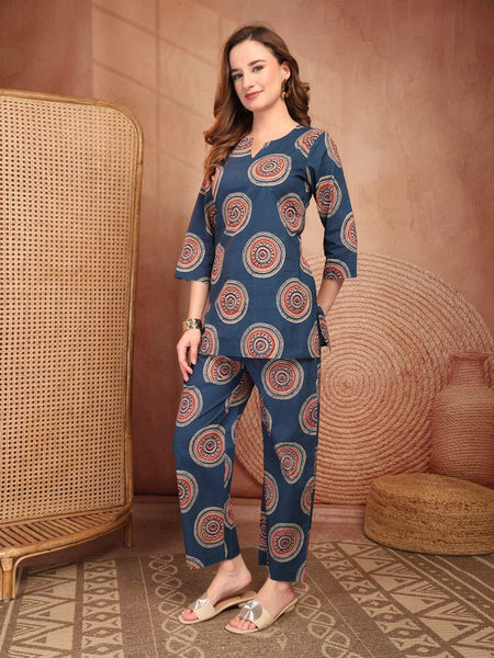 Geometric Printed Pure Cotton Co-Ord Set - Blue