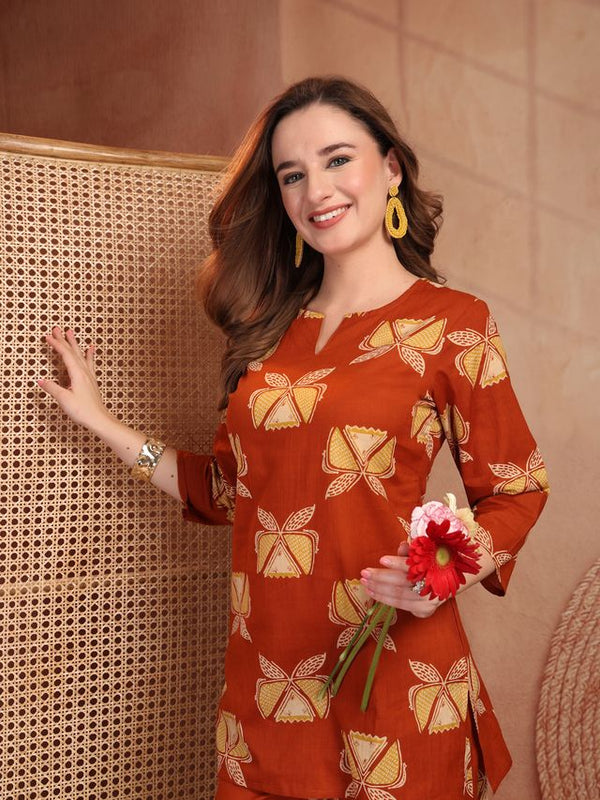 Geometric Printed Pure Cotton Co-Ord Set - Rust