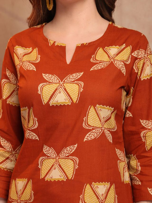 Geometric Printed Pure Cotton Co-Ord Set - Rust