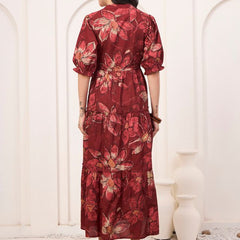 Floral Printed Pure Cotton Fit & Flare Ethnic Dress – Red