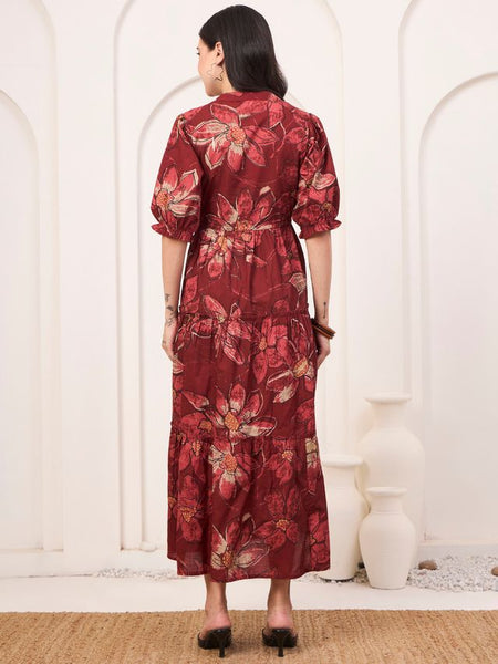 Floral Printed Pure Cotton Fit & Flare Ethnic Dress – Red