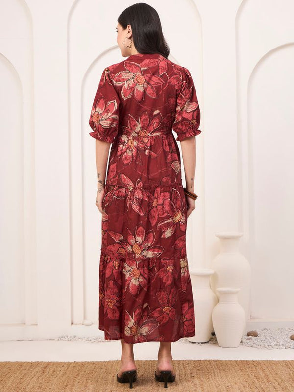 Floral Printed Pure Cotton Fit & Flare Ethnic Dress – Red