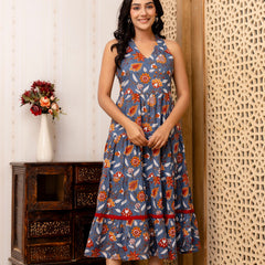 Grey Floral Printed Fit And Flared Midi Dress