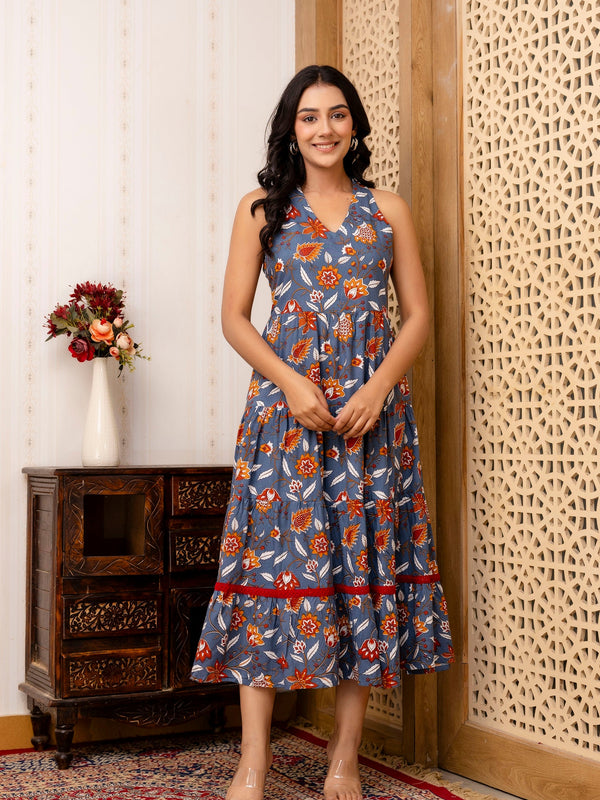 Grey Floral Printed Fit And Flared Midi Dress