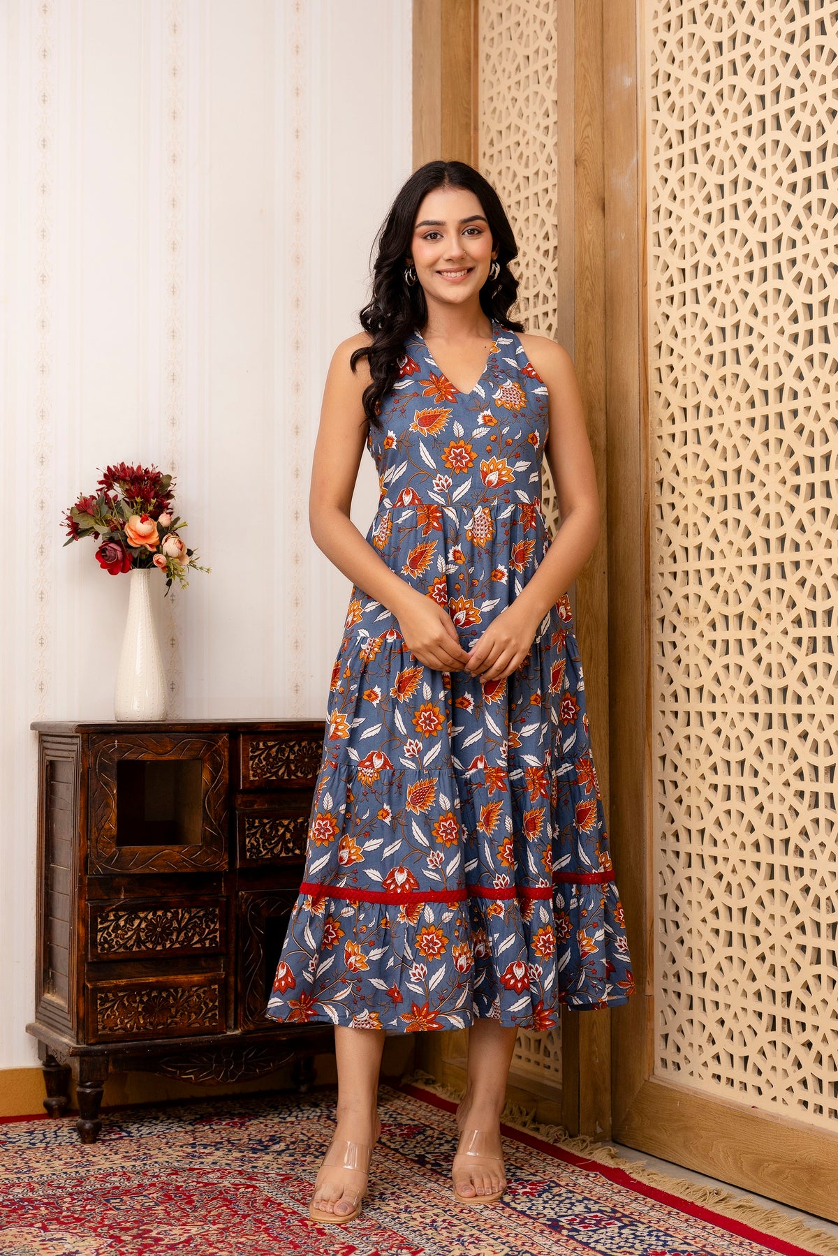 Grey Floral Printed Fit And Flared Midi Dress