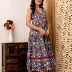 Grey Floral Printed Fit And Flared Midi Dress