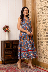 Grey Floral Printed Fit And Flared Midi Dress