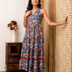 Grey Floral Printed Fit And Flared Midi Dress