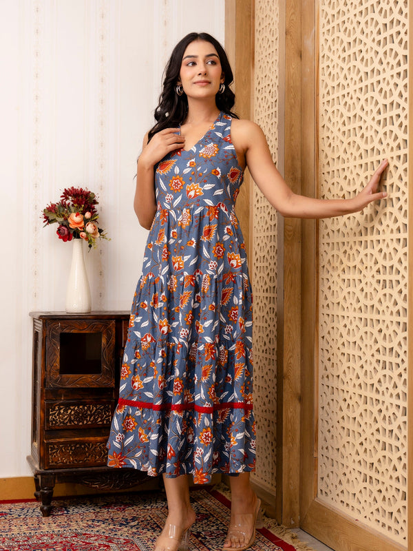 Grey Floral Printed Fit And Flared Midi Dress