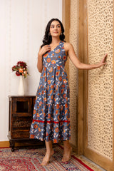 Grey Floral Printed Fit And Flared Midi Dress