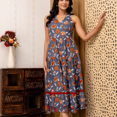 Grey Floral Printed Fit And Flared Midi Dress