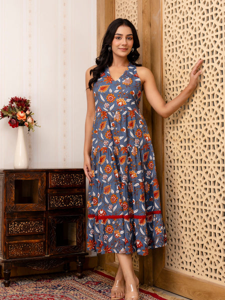 Grey Floral Printed Fit And Flared Midi Dress