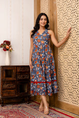 Grey Floral Printed Fit And Flared Midi Dress