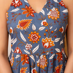 Grey Floral Printed Fit And Flared Midi Dress