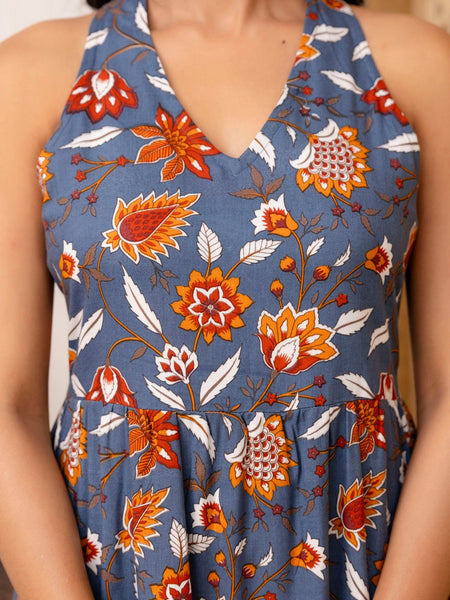 Grey Floral Printed Fit And Flared Midi Dress