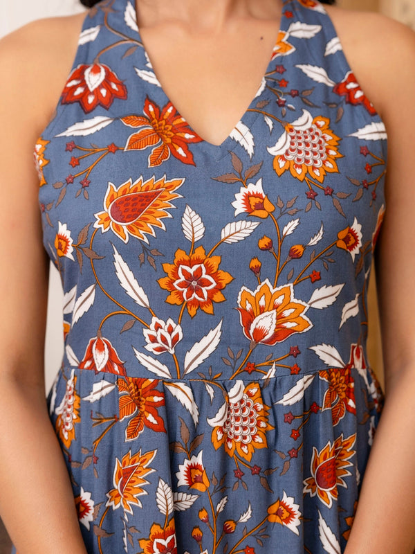 Grey Floral Printed Fit And Flared Midi Dress