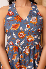 Grey Floral Printed Fit And Flared Midi Dress