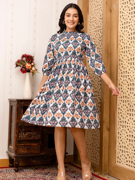 Floral Printed Fit & Flare Knee-Length Ethnic Dresses