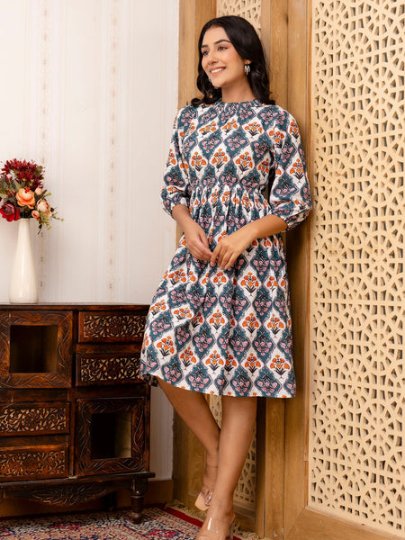 Floral Printed Fit & Flare Knee-Length Ethnic Dresses