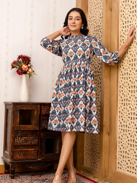 Floral Printed Fit & Flare Knee-Length Ethnic Dresses