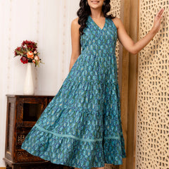 Sea Green Abstract Printed Fit And Flared Midi Dress