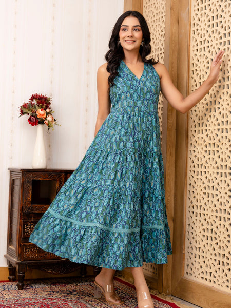 Sea Green Abstract Printed Fit And Flared Midi Dress