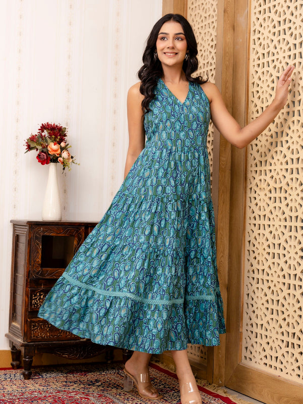 Sea Green Abstract Printed Fit And Flared Midi Dress