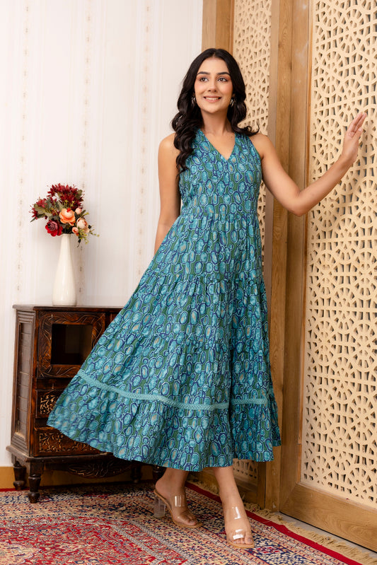 Sea Green Abstract Printed Fit And Flared Midi Dress