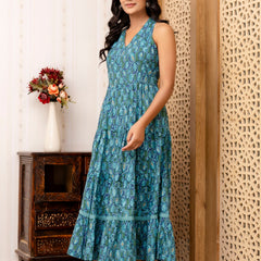 Sea Green Abstract Printed Fit And Flared Midi Dress