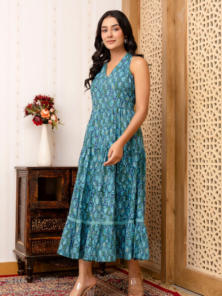 Sea Green Abstract Printed Fit And Flared Midi Dress