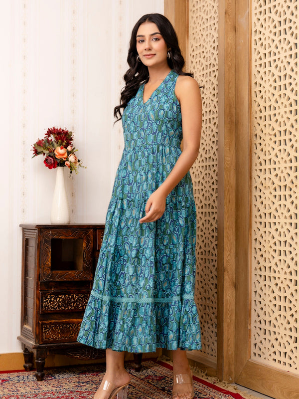 Sea Green Abstract Printed Fit And Flared Midi Dress