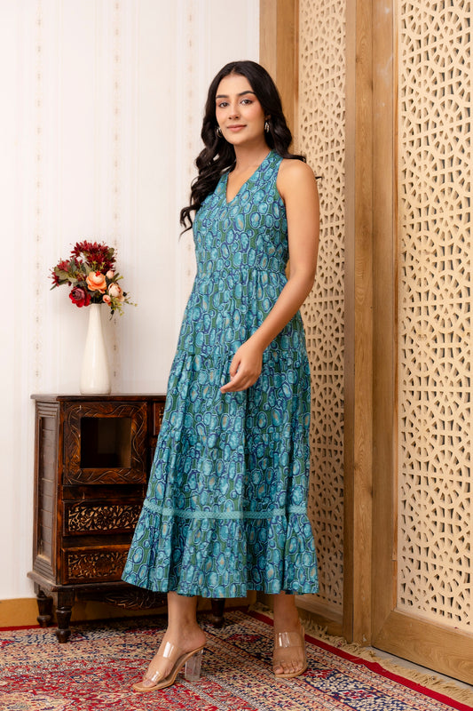 Sea Green Abstract Printed Fit And Flared Midi Dress